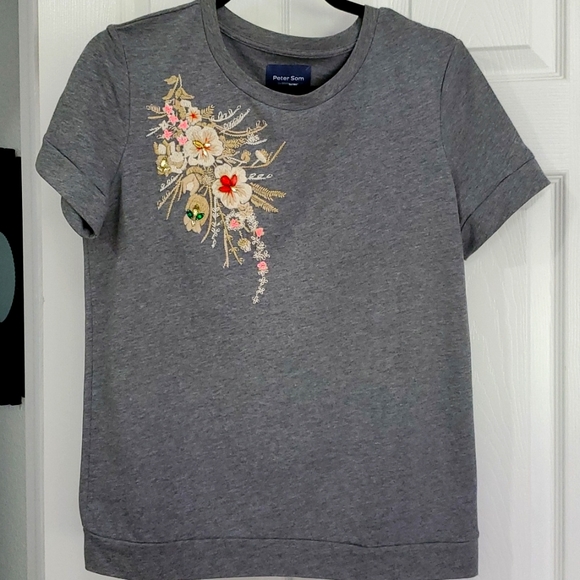 PETER SOM FOR DESIGN NATION GRAY FLORAL JEWELED MEDIUM SHORT SLEEVE TOP - Picture 2 of 6
